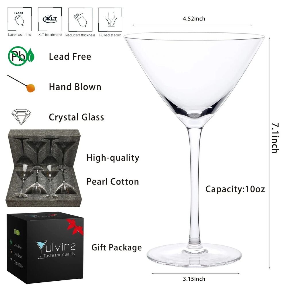 Large Martini Glasses Set of 4 Hand Blown 10oz Crystal Stem Coupe Glasses